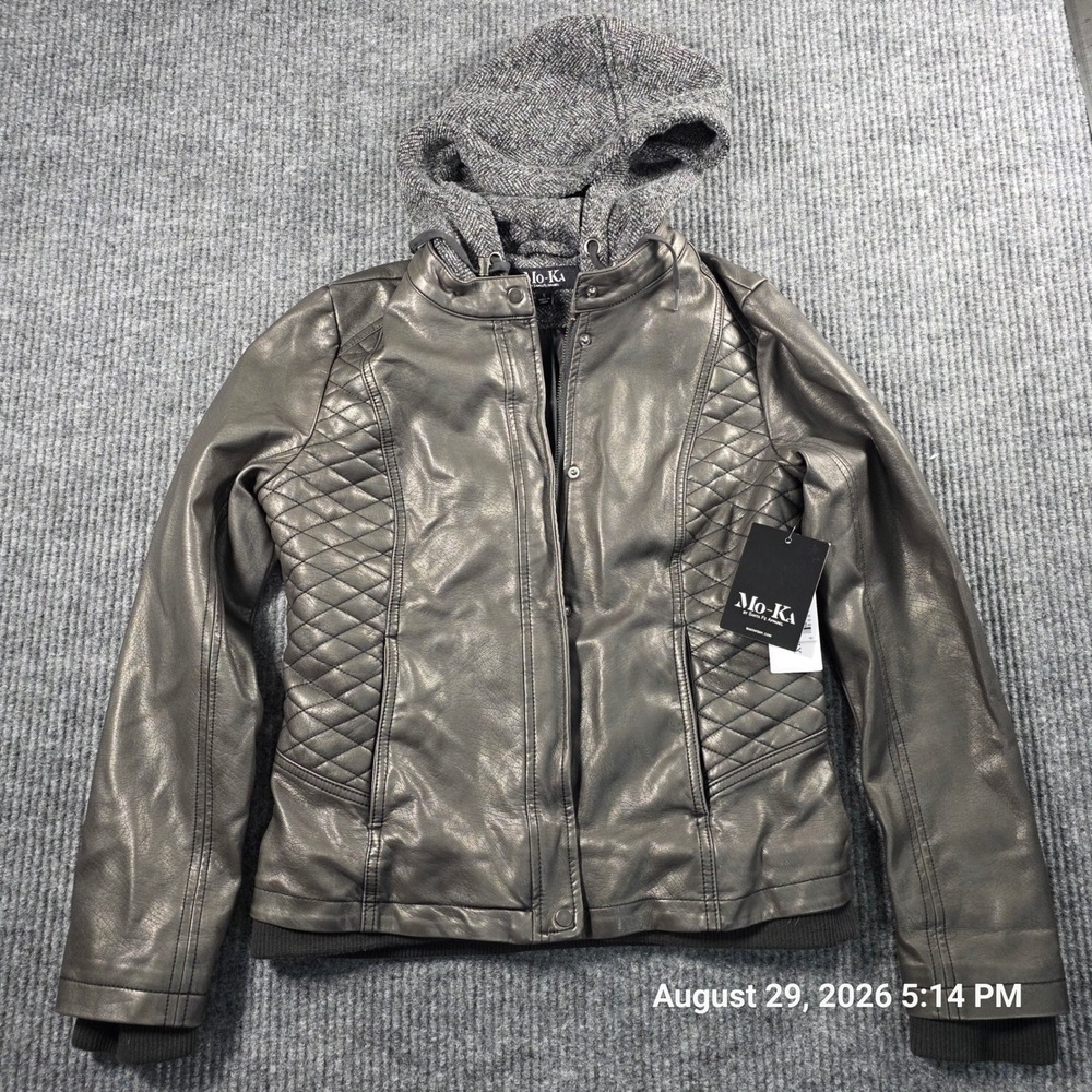 Mo-Ka Faux Leather Quilted Moto Jacket with Hood Grey Small ME098706SF